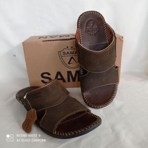 Saman Sendal Pria Selop Dubai Sandal Kulit Cowok Premium Trendy Kualitas Import - Coklat
