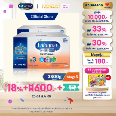 [สินค้าขายดี] นมผง เอนฟาโกร สมาร์ทพลัส ดีเอชเอ สูตร3 ชนิดจืด (3800 กรัม) x2 กล่อง Enfagrow Smart+ Stage3 Plain (3800 g) x2 packs *แพ็คเกจอยู่ระหว่างการเปลี่ยนแปลง