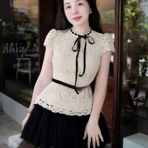 Set công sở nữ sang trọng đồ tiểu thư dự tiệc thanh lịch set áo chất Len Ren cổ tròn tay hến thắt nơ mix chân váy kèm quần