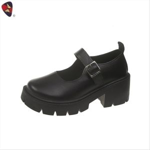 Katerina Fashion Style Maryjane Shoes Black Thick-Heel With Lace For Women Casual Student #K-111