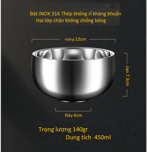 INOX 316L Bát Ăn Cơm Hai Lớp Cách Nhiệt Chống Bỏng Bát Súp Bát Cơm An Toàn Cho Trẻ Em