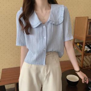 SHUFU 2028 Hàng sẵn sàng kiểu hàn quốc áo voan nữ ve áo sơ mi ngắn tay áo blouse trơn giản dị cộng với kích thước Puff tay áo trên