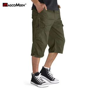 MAGCOMSEN Nam giới Bông Twill chở hàng Quần đùi lửng Thun thắt lưng nhiều túi Đầu gối cộng với kích thước Đi bộ đường dài ngoài trời Quần short làm việc câu cá2026
