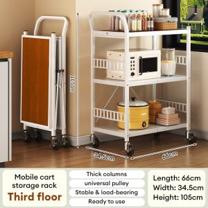 LOADNIX No Assembly Foldable Kitchen Rack with Wheels Heavy Duty Metal Kitchen Storage Organizer Microwave Oven Stand Space Saving Shelf for Appliances Rice Cooker Pots