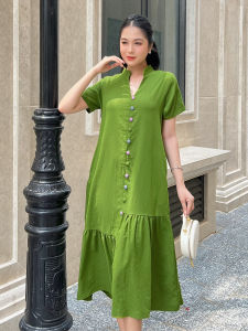 Đầm Linnen thun cổ trụ phối nút duyên dáng cho nữ AD088 - Ladyfashion