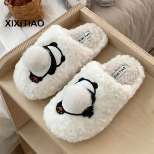 XIXITIAO 2024 New Cute Little Panda Cotton Slippers Fun Fleece-lined Warm and Comfortable Home Closed Toe Cotton Shoes Winter