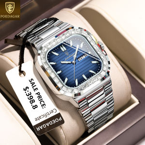 POEDAGAR luxury mens watch original waterproof square diamond design stainless steel calendar luminous quartz wristwatch