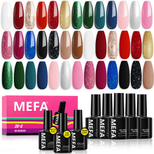 MEFA Limited Edition Kutek Gel Nail Polish Set 23 Pcs Winter Burgundy Red Green Gel Polish Set Pink Glitter Gold Nail Polish Kit with Glossy Matte Top Base Coat Nail Art DIY Salon Holiday Gifts