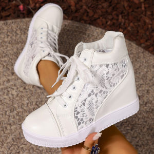 Free Shipping 2026 Spring New Korean Style Fashion Mesh Hollow Out Inner Height-Increasing Round-Toe Lace-Up Mesh Thick-Soled Fashion Flats Wholesale