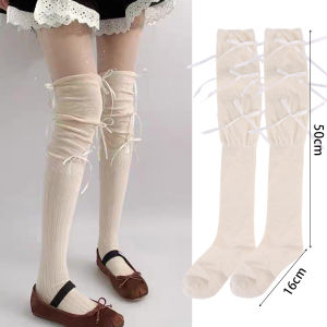 Lolita Long Socks Ribbon Bow Knee High Socks Sweet Girls Stocking Ballet Style Solid Color Socks Knitted Boot Socks Spring Warm JK Socks
