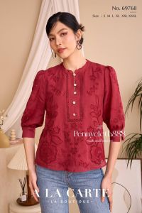 69768 เสื้อ A La Carte ลินิน งานปักฉลุ เซาะลูกไม้ คอกลม กระดุมหน้า มีซับใน แขน 3 ส่วน by PENNY CLOTH 888