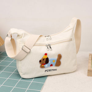 SEA YADOU  กระเป๋าสะพายไหล่ผ้าคอร์ดูรอย์น่ารักประดับลายหมาเย็บปักพร้อมซิป แฟชั่นลำลองสำหรับผู้หญิง