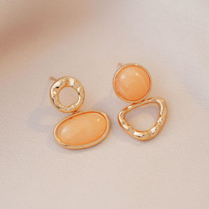 Fashionable Ring Gift 高级感复古港风橙色几何耳环时尚气质简约百搭不对称耳钉设计感环