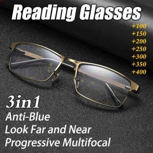 Anti-blue Progressive Multifocal Reading Glasses for Men/Women Metal Frame Glasses Eyeglasses+100~+ 400