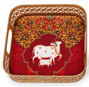 Pichwai Print Square Metal Tray 8 x 8 Inches | Peacock / Kamadhenu Print | Decorative Square Tin Tray for Festive Gifting | Navaratri | Diwali |  Pack of 1