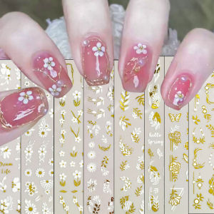 3D Nail Stickers Spring Summer White Gold Flowers Nailart Stickers Floral Petals Stickers