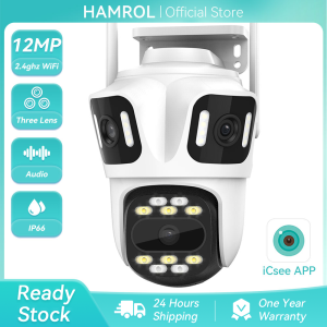 Hamrol 12MP Three Lens Three Screen PTZ WIFI Camera  Home Wireless Outdoor Waterproof Network Monitoring Camera CCTV