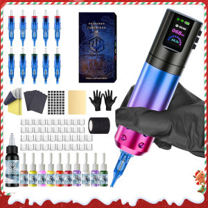 โพไซดอนชุดปากกาแทททูฮัลโลวีนเครื่องสักไร้สาย1800มิลลิแอมป์เครื่องสักโรตารี่พร้อมเข็มสัก10ชิ้นปากกาแทททูพร้อมแหล่งจ่ายไฟจอแสดงผล LED แบบดิจิตอลอุปกรณ์สักสำหรับศิลปิน