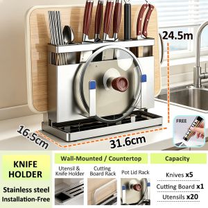 SJORAGE SUS304 Stainless Steel Kitchen Knife Holder Wall Mount & Countertop Multifunctional Storage Rack for Knives Cutting Board Pot Lid Chopsticks Spoon Fork with Removable Drip Tray Kitchen Organizer