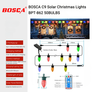 BOSCA C9 Solar Christmas Lights Outdoor 25.5M Warm White & Multicolor With 50 Bulbs Remote 8 Modes Dimming Waterproof Party Decor BPT-862
