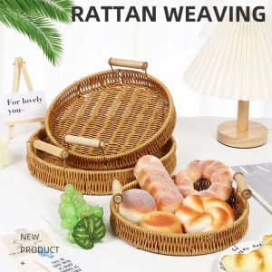 SYRUPSHADDOCKING 1Pcs Fruit Vegetable Cake Wicker Handwoven Rattan Basket Breakfast Bread Food Round Shape Plastic Rattan Threads Basket Durable Food Plate Storage Tray