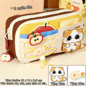 Túi đựng bút thước học sinh tag mèo đáng yêu bóp viết 9 ngăn xinh 2 lớp chống nước quà tặng học tập
