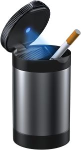 Ashtray with LidSmokeless Ashtray for Cup Holder Smell ProofDetachable Stainless Steel Car Ash Tray with LED Auto Light for Most Car Office Home (Grey)