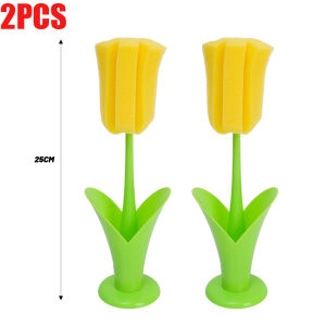2PCS Creative Tulip Flower Shape Cup Brush 25cm Long Handle Water Bottle Cleaning Brush Removable Sponge Mug Bottle Thermos Cup Cleaning Tool
