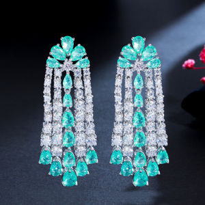 SEQUITO Sparkling Water Drop Long Tassel Earrings Hand Inlaid Unique Light Green Zircon Crystal Silver Plated Women Evening Prom Party Jewelry SE526