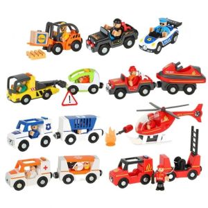 BEIBEI Ambulance ic Train Car Locomotive Forklift Trailer Wood Train Track Toy Birthday Chistmas Model Car Track Railway Toys Childrens Toys