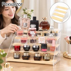 Clear Wood Acrylic Ladder Display Stand For Perfume Cosmetics Glasses Action Figures Dolls Desk Storage Organizer