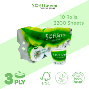 SoftGreen 4D ARTO Embossed 140g/Roll 3-Ply Toilet Paper 2200Sheets 10Rolls | FSC Certified 100% Natural Premium Virgin Wood Pulp