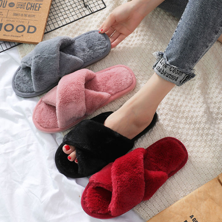 Pair Home Slippers Women Men Winter Plush Warm Flat Home