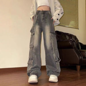 American Vintage Washed Multi-Pocket Cargo Jeans for Women High Waist Streetwear Loose Wide Leg Trendy Designer Denim Trousers2026