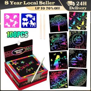 100pcs/Box Rainbow Scratch Mini Notes Paper Pad Cards with 2Stylus 2Drawing Stencil Children Kids Draw Painting Toys Craft Gifts