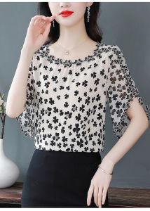 bingben01 Summer Short Sleeve Shirt Embroidery Loose Shirt Crushed Chiffon Short Sleeve Tops