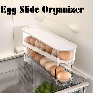 Stackable Plastic Egg Storage Rack 12-Grid Automatic Scroll Organizer Space-Saving Refrigerator Egg Holder