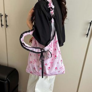 KEURGFKI Sweet Bow Floral Shoulder Bag Versatile Large Capacity Nylon Shopping Pouch Fresh Korean Style Pleated Strap Tote Bag Summer