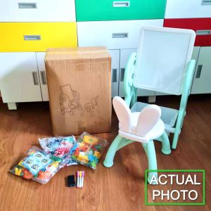Elette Essentials Kids Two-sided Learning Board Set with Chair (for Drawing and Building Blocks) with Free 220pcs Blocks (compatible with Lego Duplo) markers and eraser