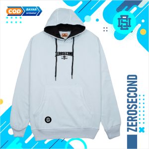Zero.Second Sweater Hoodie Pria Autentic Logo Full warna Putih Catton Flecee Gramasi 280S Permium Tebal Free STIKER