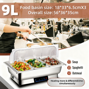 lencon 9L/13.5L Capacity Buffet Food Warmer 1/2/3 Compartments intelligent  Temperature Control Stainless Steel with Transparent