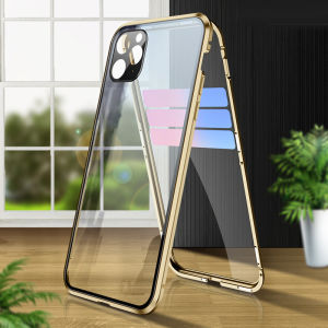 360 Full Protection metal magnetic Bumper Camera protection Phone Case For IPhone 14 Plus 15 16 Pro Max Double-sided glass Back Cover Cases
