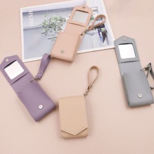 JIYAN2866 PU Leather Lipstick Bag Solid Color Mini Lipstick Protective Cover Portable with Mirror Makeup Bag