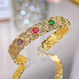 SEQUITO Expensive Women Wrist Jewelry Yellow Gold Plated Pave Setting Colorful AAA Cubic Zirconia Noble Wedding Party Open Cuff Adjustable Bangle B317