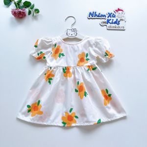 Váy Hoa Cam Tay Ngắn Cho Bé Gái 4 Đến 28kg Chất Thô Hoa Mềm Mát [V075]