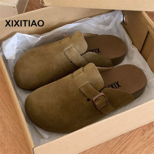 XIXITIAO Womens Casual Genuine Leather Lazy Outdoor Vintage Half Slippers Spring Summer Closed-Toe Fashion Soft Sole Slip-On Shoes