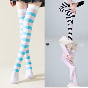 Japanese Anime Subcultural Thigh High Long Stockings Striped Over the Knee Socks with Cats Claw Print for Women Hosiery