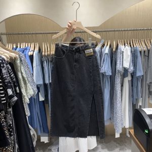 Rok Jeans High Waist A-Line Midi Wanita Gaya Korea Trendi 2024 - Hitam/Putih/Biru