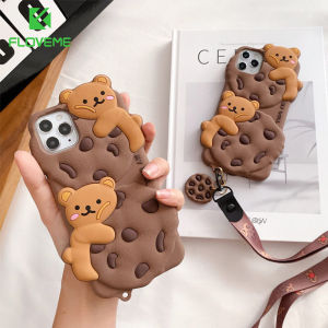 FLOVEME For iPhone 14 Pro Max 14 Plus 13 12 11 Pro 3D Cute Cartoon Chocolate Cookie Bear Doll Phone Case Biscuit Soft Silicone Cover