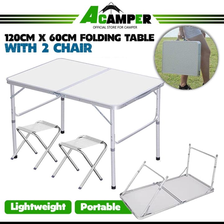 120 x 60cm Folding Camping Table With 2 Chair Aluminium Foldable Picnic
